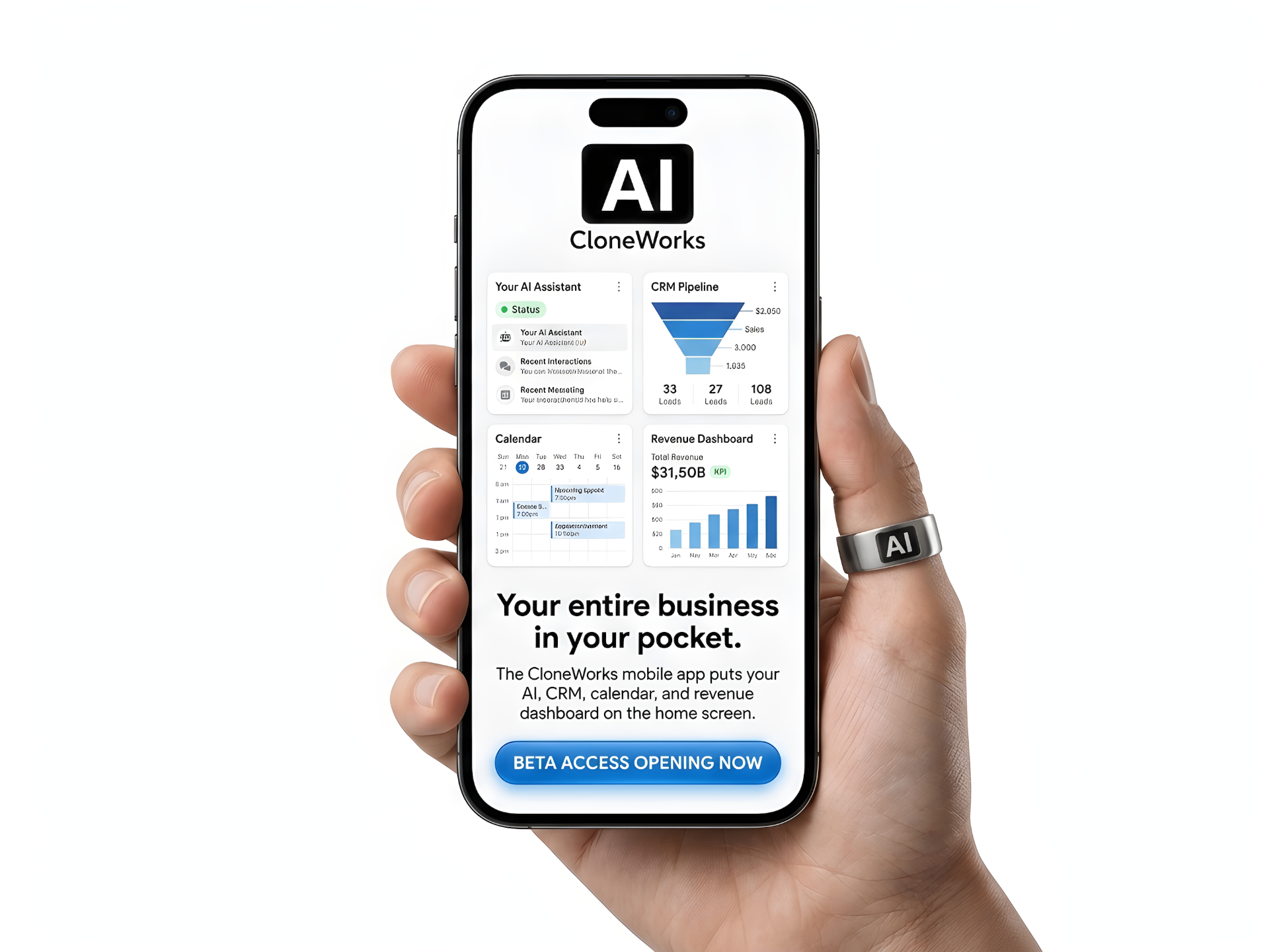CloneWorks client portal showing leads, CRM pipeline, calendar, and revenue dashboard